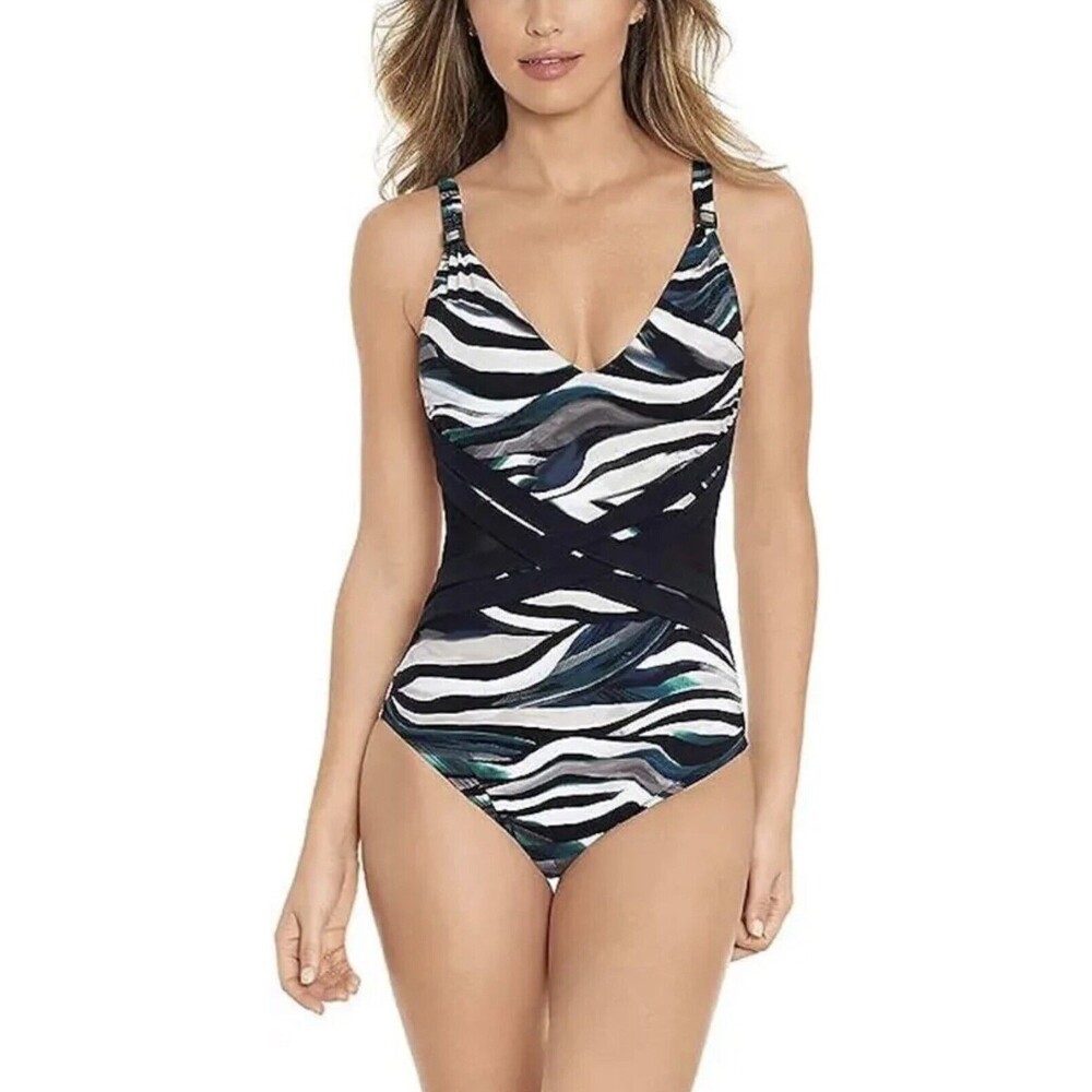Amoressa by Miraclesuit Black Green Tigress One Piece Swimsuit Size 8 MSRP $186